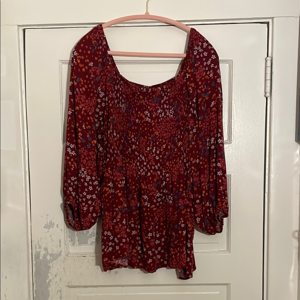 Bobeau Burgundy Floral Blouse